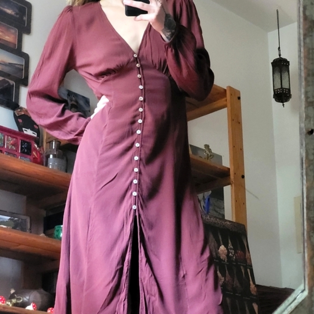 V-Neck Long Sleeve Button-Front Midi Dress in Burgundy